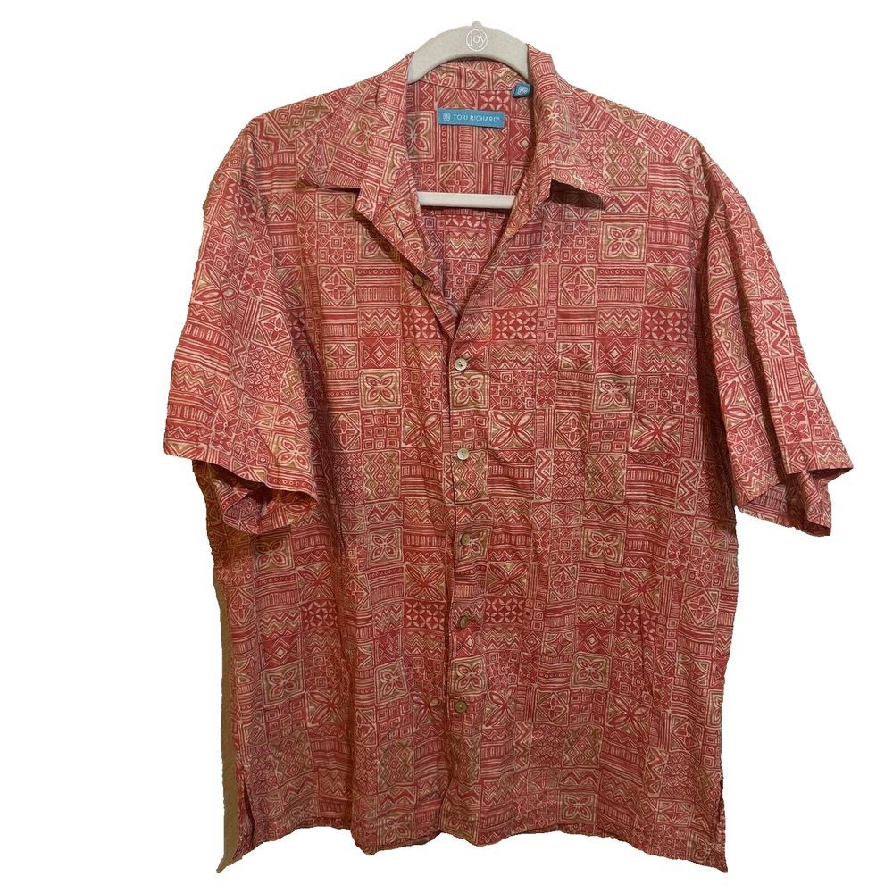 Tori Richard Hawaiian Shirt Button Up Cotton Lawn Tribal Coral Floral Mens Sz M